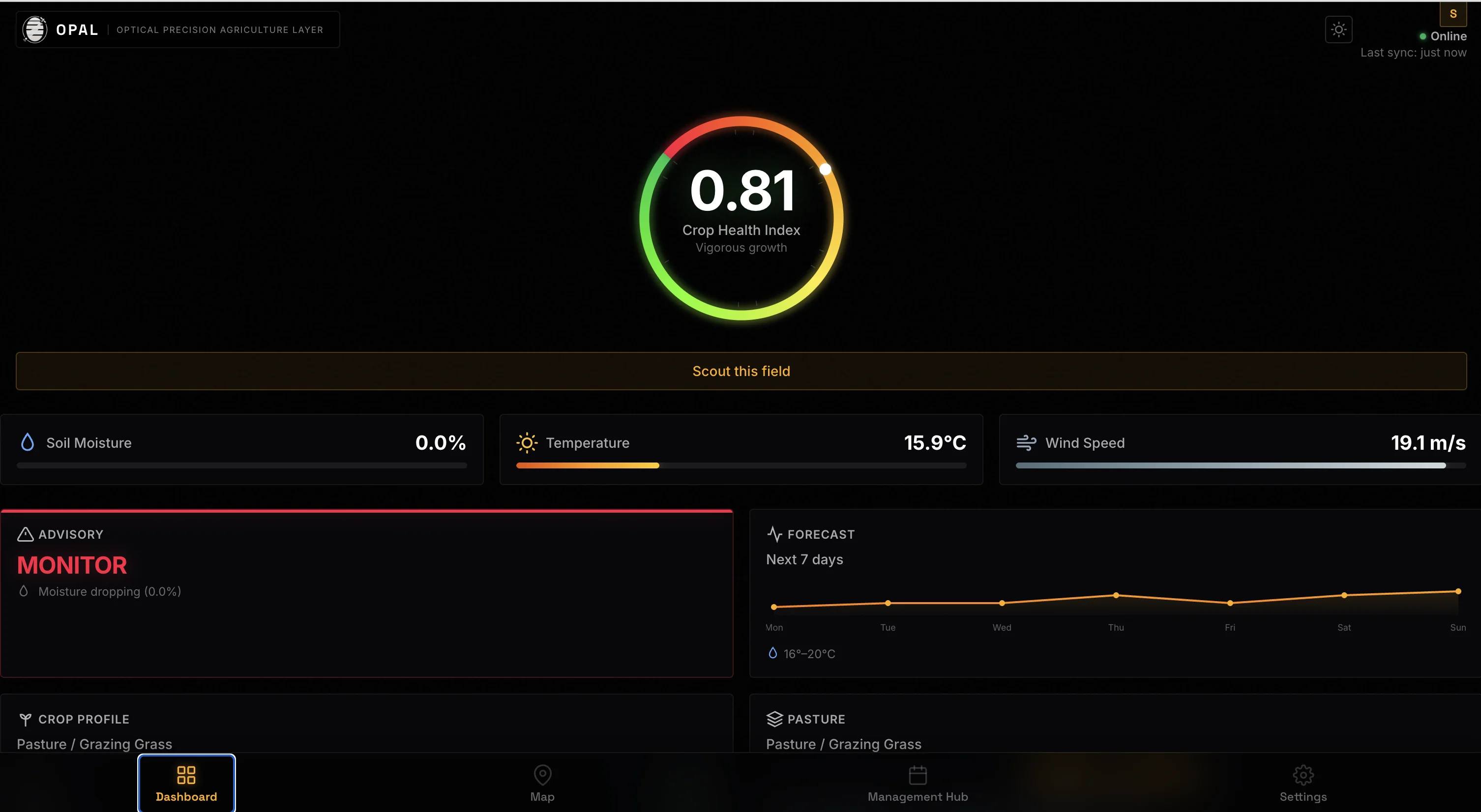 OPAL dashboard showing crop health index 0.81 (Vigorous growth), soil moisture, temperature, wind speed, advisory panel, and 7-day weather forecast