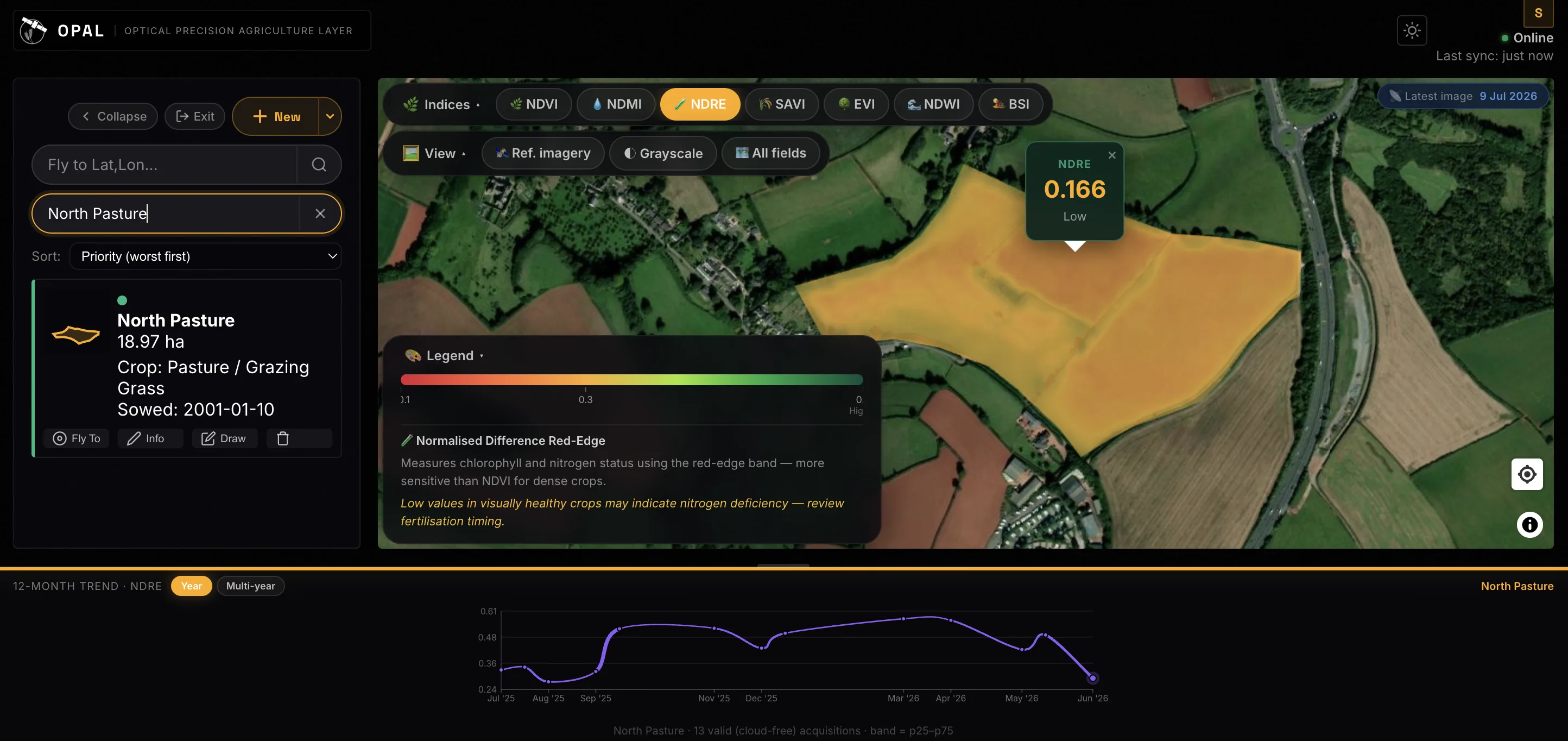 OPAL map view of North Pasture with an NDRE overlay and a drop-pin reading of 0.166 (Low), showing possible nitrogen deficiency