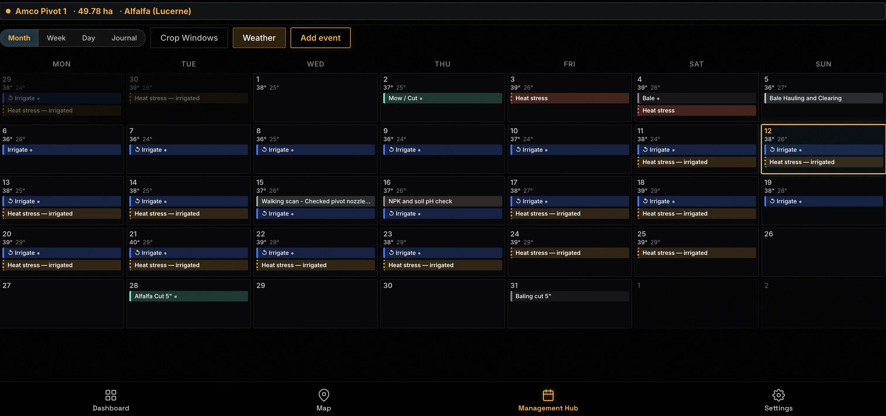 OPAL Management Hub showing a monthly field calendar with irrigation events, heat stress days, weather forecast, mowing, NPK and soil pH checks, and harvest windows