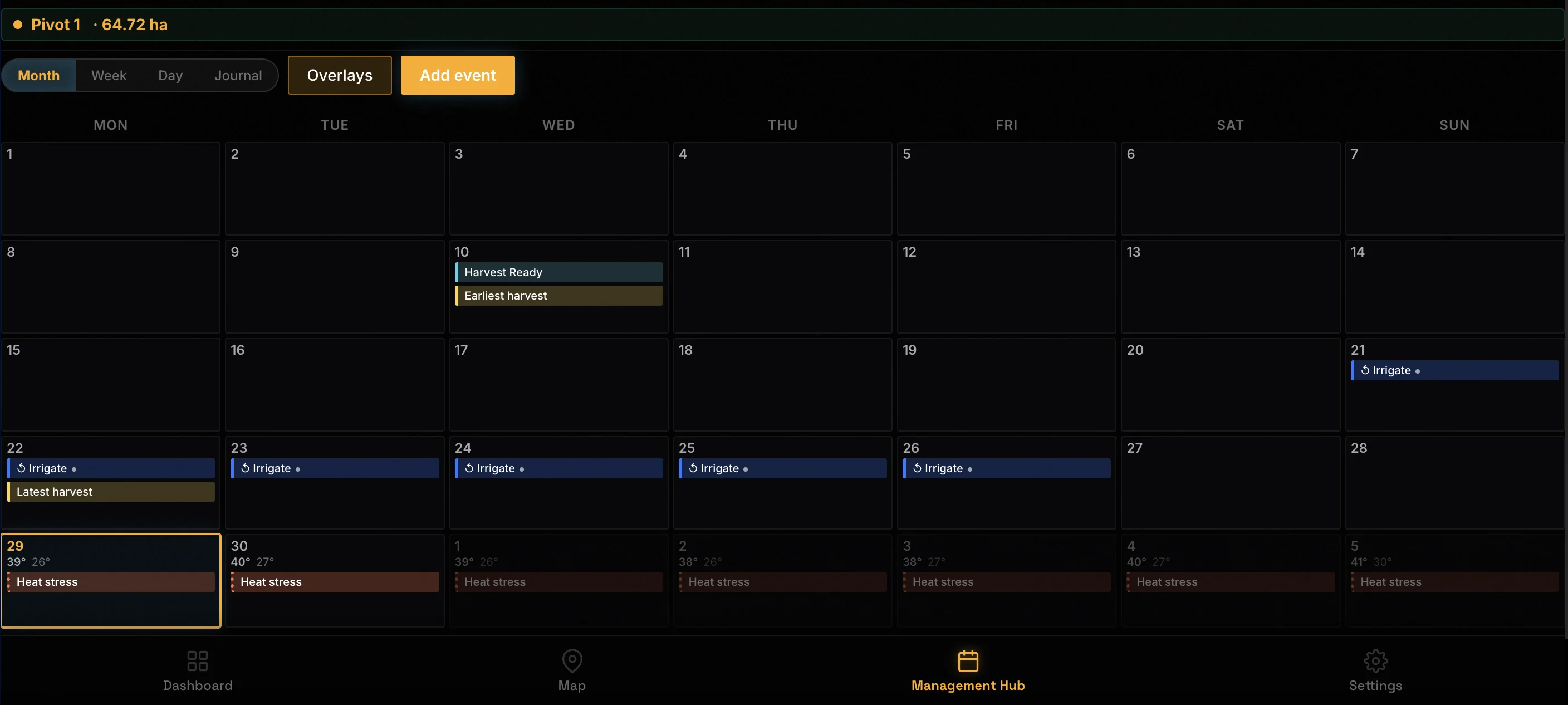 OPAL Management Hub showing satellite-driven irrigation schedule calendar for June 2026 with automated Irrigate events and harvest windows