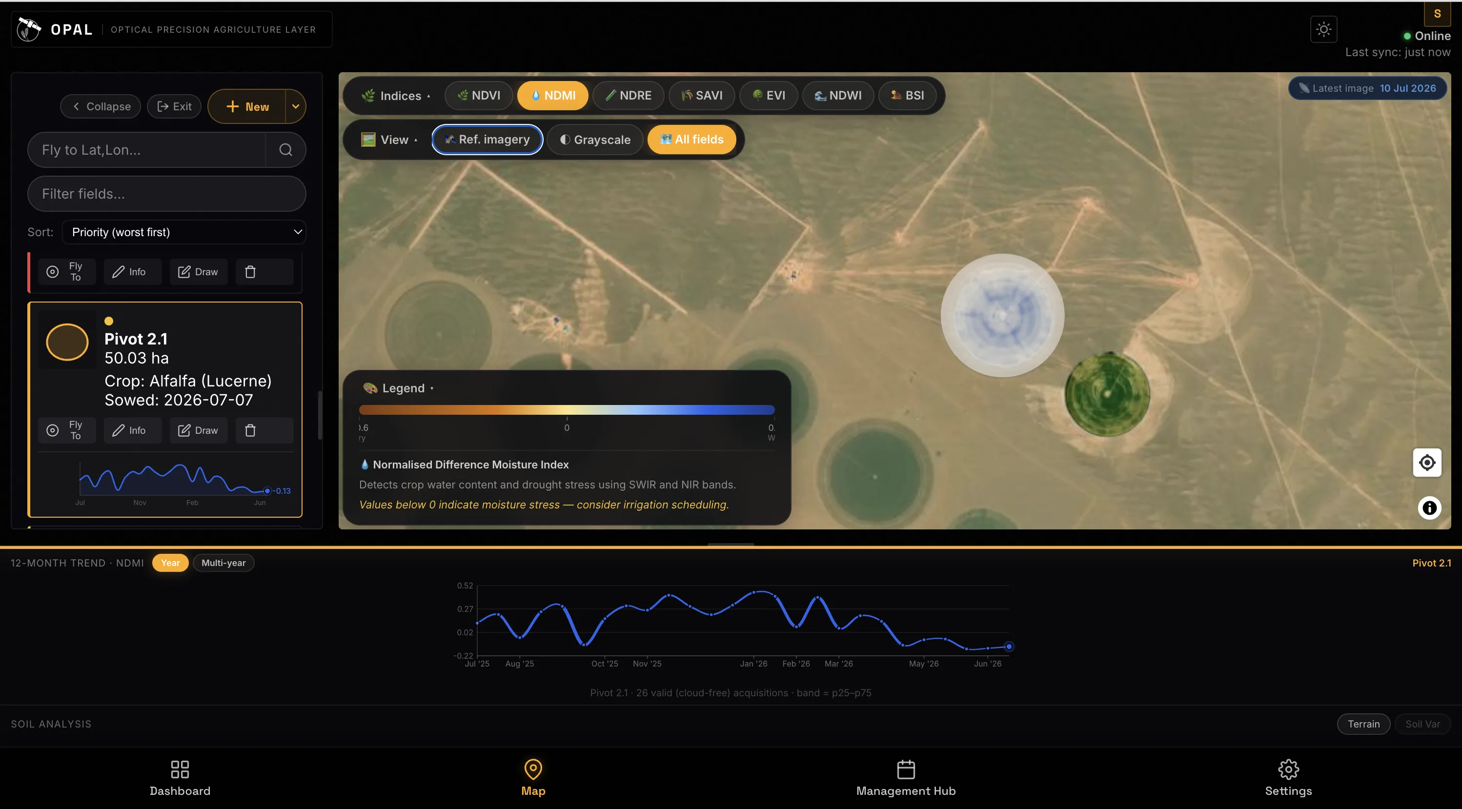OPAL view of a pivot irrigation field showing the NDMI analysis layer, without the Sentinel-2 reference image