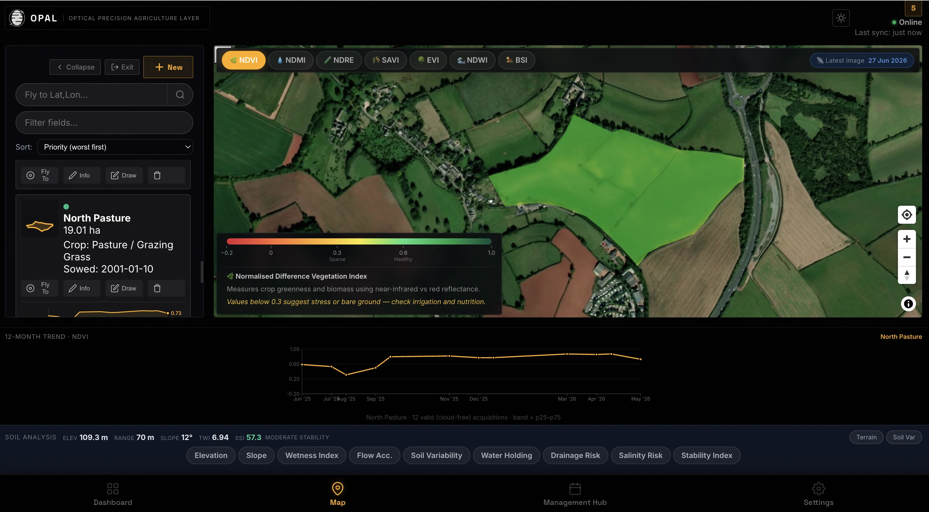OPAL map view showing UK field boundaries with spectral index selector and 12-month trend chart