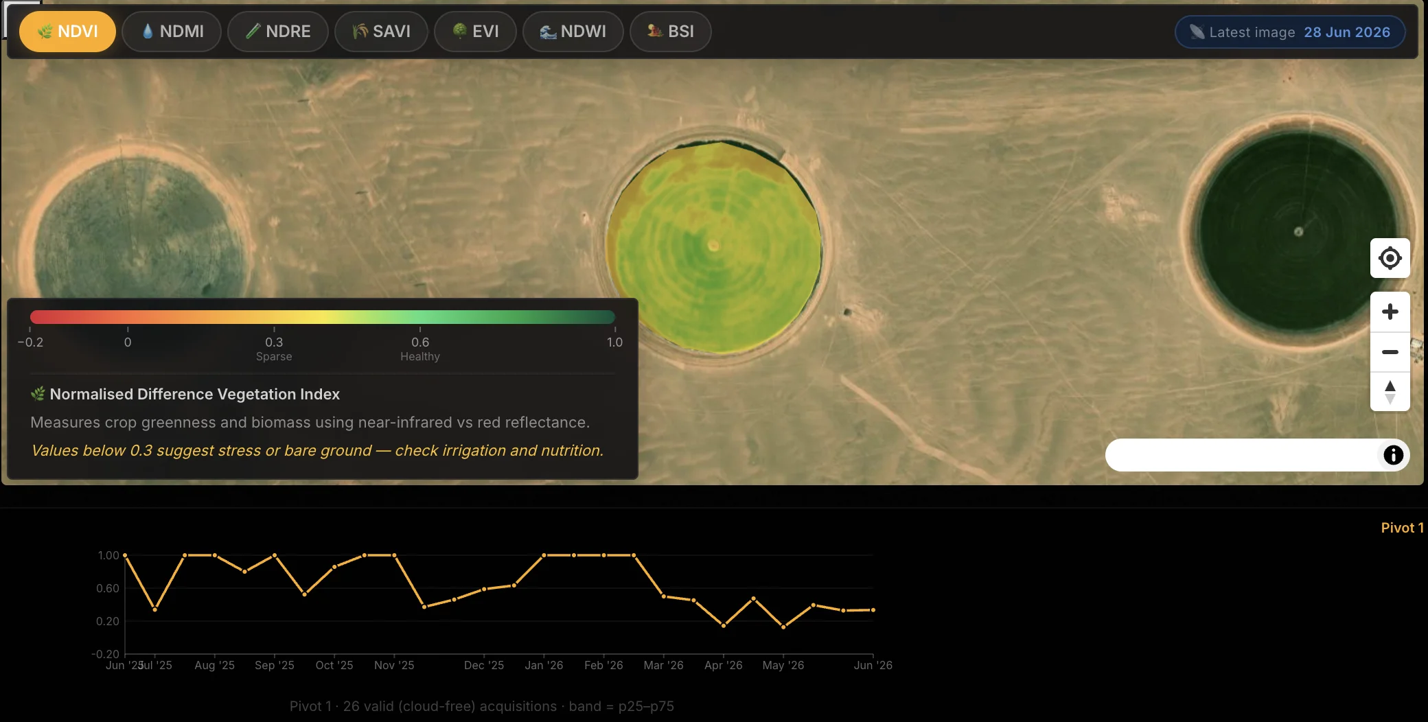 OPAL map view showing pivot irrigation fields in North Africa with Sentinel-2 NDVI overlay