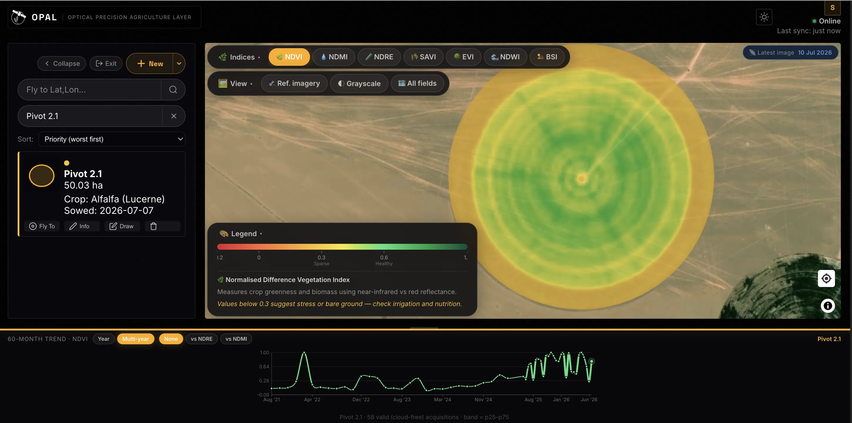 OPAL map view showing a center-pivot field with NDVI overlay and a 60-month vegetation trend chart